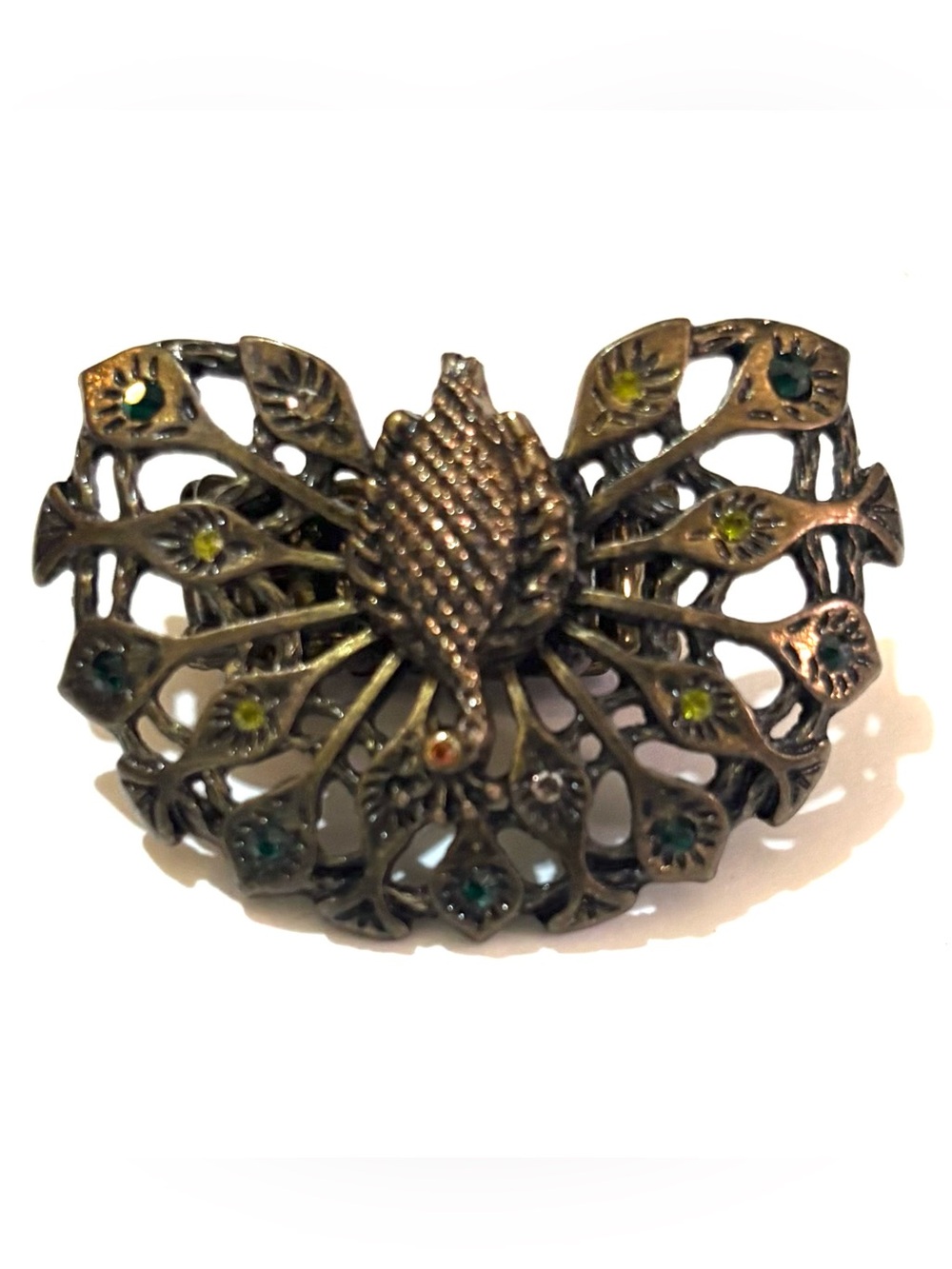 Antique Brass-Tone Filigree Leaf ring with Green Accents